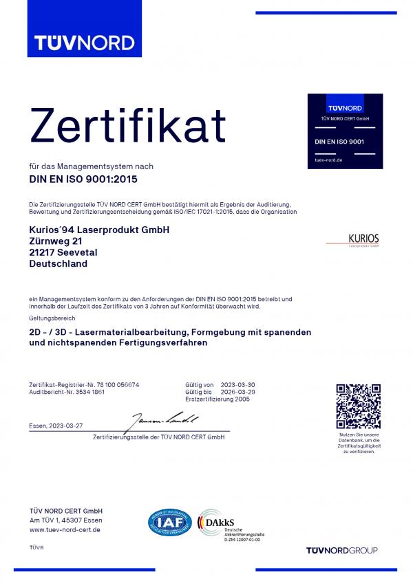 Zertifikat DIN EN ISO 9001:2015 (2023)